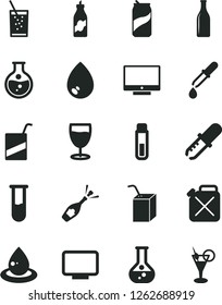 Solid Black Vector Icon Set - vector e, packing of juice with a straw, drop, screen, glass soda, can, liquor, round flask, canister, oil, bottle, monitor, test tube, pipette, champagne, cocktail