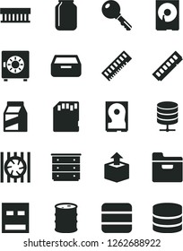 Solid Black Vector Icon Set - chest of drawers vector, key, big data server, folder, drawer, strongbox, package, unpacking, barrel, jar, radiator fan, memory, hdd, usb, sd card
