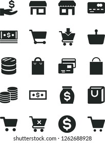 Solid Black Vector Icon Set - paper bag vector, put in cart, crossed, with handles, cards, coins, kiosk, stall, shopping, basket, front of the bank card, column, dollar, get a wage, money, cash