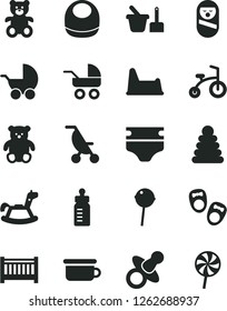 Solid Black Vector Icon Set - baby cot vector, dummy, feeding bottle, diaper, bib, stroller, carriage, summer, stacking rings, roly poly doll, toy sand set, children's potty, chair, teddy bear