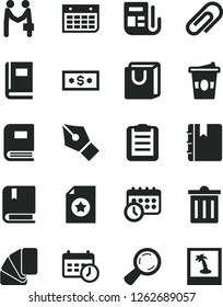 Solid Black Vector Icon Set - clip vector, bin, e, sample of colour, notebook, bag with handles, coffe to go, magnifier, wall calendar, morning paper, schedule clock, book, clipboard, ink pen, photo