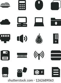 Solid Black Vector Icon Set - upload folder vector, volume, copy, onion, part of guava, calculator, computer, notebook pc, radiator fan, mouse, power supply, tower, usb flash, floppy, lan connector
