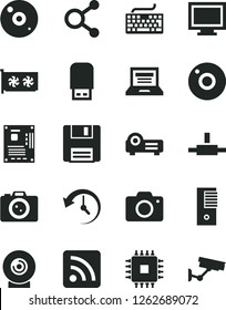 Solid Black Vector Icon Set - camera vector, laptop, monitor window, keyboard, rss feed, lens, connections, pc tower, motherboard, cpu, gpu card, cd, usb flash, connect, floppy, projector, history