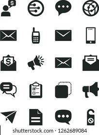 Solid Black Vector Icon Set - envelope vector, scribbled paper, received letter, speech, smartphone, survey, megaphone, copy, loudspeaker, mobile phone, network, mail, dialog, plane, money