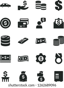 Solid Black Vector Icon Set - dollar vector, cards, coins, column of, get a wage, dollars, cash, gold ring, bar, money bag hand, coin, gear, limousine, mail, dialog, safe