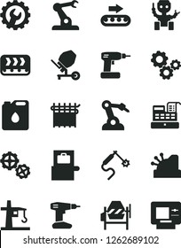 Solid Black Vector Icon Set - gears vector, concrete mixer, cordless drill, gear, conveyor, production, canister of oil, cloth industry, tower crane, gas welding, robot welder, assembly, cashbox