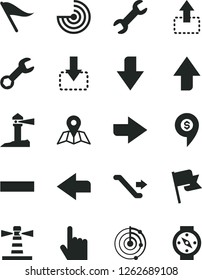 Solid Black Vector Icon Set - upward direction vector, downward, right, left, wind indicator, minus, index finger, map, flag, move up, down, lighthouse, coastal, repair, radar, dollar pin, escalator
