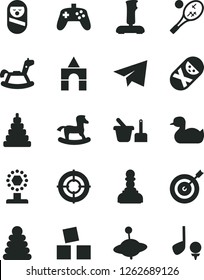 Solid Black Vector Icon Set - paper airplane vector, rubber duck, stacking rings, toy, roly poly doll, tumbler, sand set, yule, rocking horse, small, cubes for children, box of bricks, joystick, cup