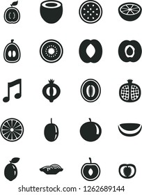 Solid Black Vector Icon Set - music vector, slices of onion, half apricot, pomegranate, medlar, peach, melon, tangerine, loquat, cherry, passion fruit, kiwi, sour lime, orange, guawa, piece coconut