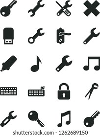 Solid Black Vector Icon Set - repair key vector, cross, small tools, adjustable wrench, door knob, lock, music, steel, text highlighter, keyboard, usb flash, note
