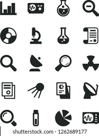 Solid Black Vector Icon Set - magnifier vector, zoom out, negative histogram, artificial satellite, round flask, radiation, dish, antenna, ring diagram, pie charts, statistical research, article