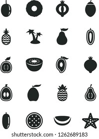 Solid Black Vector Icon Set - a pineapple vector, medlar, half of, mango, loquat, date fruit, passion, sweet, kiwi, tamarillo, guawa, piece coconut, slice, ripe guava, part, palm tree, starfish