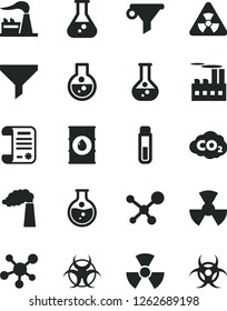 Solid Black Vector Icon Set - round flask vector, manufacture, factory, oil, industrial building, radiation, carbon dyoxide, filter, water, research article, test tube, molecule, nuclear, biohazard