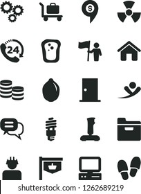 Solid Black Vector Icon Set - house vector, ntrance door, folder, 24, sandwich, lime, builder, energy saving bulb, vintage sign, three gears, coins, computer, joystick, nuclear, man hold flag