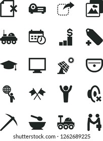 Solid Black Vector Icon Set - monitor vector, silent mode, add label, deep plate with a spoon, sink, picture, delete page, move right, big solar panel, projector, schedule clock, lunar rover