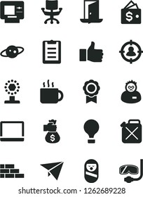 Solid Black Vector Icon Set - roly poly doll vector, brick wall, cup of tea, canister, man in sight, notebook pc, chair, scientist, clipboard, medal, saturn, finger up, money bag hand, exit door