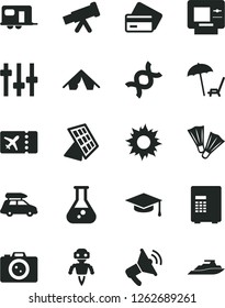 Solid Black Vector Icon Set - flask vector, telescope, dna, settings, graduate hat, robot, sun panel, car baggage, camper, plane ticket, atm, credit card, tent, arnchair under umbrella, flippers