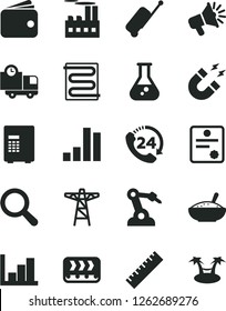 Solid Black Vector Icon Set - yardstick vector, magnifier, negative histogram, heating coil, delivery, 24, a bowl of rice porridge, power pole, industrial building, conveyor, robot welder, bar chart