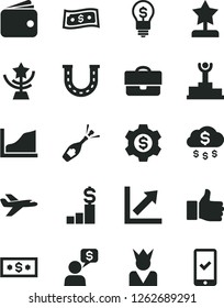Solid Black Vector Icon Set - growth chart vector, portfolio, wallet, graph, winner podium, finger up, star cup, reward, money rain, dollar, pedestal, gear, idea, luck, king, private plane, dialog