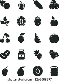 Solid Black Vector Icon Set - cucumber vector, garlic, coffee beans, jar of jam, blueberries, apple, cherry, grape, branch, quince, plum, tasty raspberry, mulberry, loquat, half melon, ripe pepper