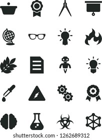 Solid Black Vector Icon Set - pan vector, file, flask, electricity, glasses, bulb, brain, gears, biohazard, pipette, globe, flame, drawing compass, medal, robot, biology, presentation board, 3d cube