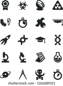 Solid Black Vector Icon Set - flask vector, microscope, nuclear, dna, satellite, bactery, biohazard, graduate hat, drawing compass, medal, robot, sun panel, antenna, saturn, rocket, stopwatch
