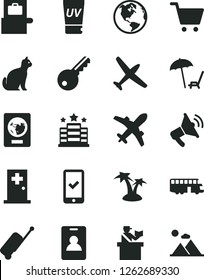 Solid Black Vector Icon Set - earth vector, plane, bus, identity card, baggage scanner, passort control, passport, phone registration, rolling case, arnchair under umbrella, uv cream, palm tree, key