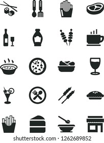 Solid Black Vector Icon Set - plates and spoons vector, iron fork, coffee, fried vegetables on sticks, pizza, piece of cake, pie, porridge in a saucepan, lettuce plate, bacon, barbecue, French fries