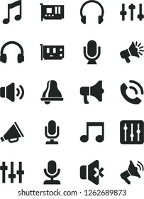 Solid Black Vector Icon Set - bell vector, desktop microphone, horn, headphones, music, regulator, volume, no sound, phone call, megaphone, loudspeaker, pc card, note, settings