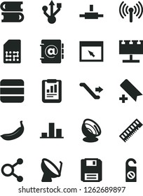 Solid Black Vector Icon Set - add bookmark vector, books, address book, banana, satellite dish, SIM, billboard with illumination, connections, chart, statistical report, memory, usb, browser, floppy