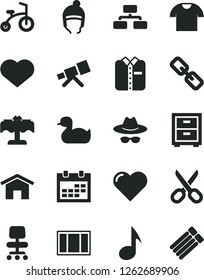 Solid Black Vector Icon Set - heart symbol vector, scissors, calendar, spectacles, hat with glasses, bedside table, rubber duck, child bicycle, winter, window frame, home, flowchart, T shirt, folded