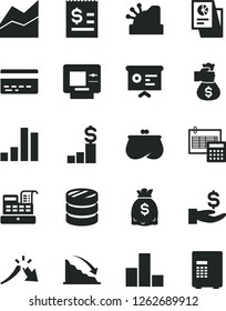 Solid Black Vector Icon Set - bank card vector, bar chart, line, calculation, column of coins, recession, a crisis, article on the dollar, get wage, purse, dollars, statistical research, cashbox
