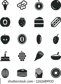 Solid Black Vector Icon Set - cake vector, Hot Dog, piece of, a bowl rice porridge, grill chicken leg, fried potato slices, popcorn, cone, pancakes, orange, half apricot, large grape, tasty apple