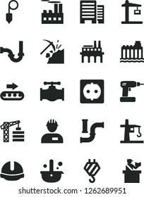 Solid Black Vector Icon Set - tower crane vector, workman, hook, cordless drill, sewerage, buildings, construction helmet, plummet, coal mining, valve, water pipes, hydroelectricity, power socket