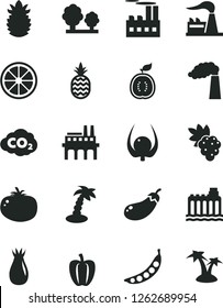 Solid Black Vector Icon Set - tomato vector, a pineapple, grape, rose hip, juicy lemon, half of guawa, ripe, physalis, Bell pepper, peas, eggplant, manufacture, factory, hydroelectricity, trees