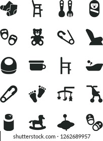 Solid Black Vector Icon Set - toys over the cradle vector, powder, baby bib, car child seat, sitting stroller, safety pin, open, children's bathroom, Knitted Socks, roly poly doll, potty, teddy bear