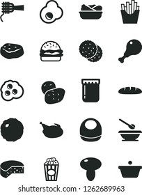 Solid Black Vector Icon Set - baby bib vector, plates and spoons, cheese, loaf, burger, noodles, mushroom, lettuce in a plate, chicken, leg, cabbage, piece of meat, French fries, cup popcorn, jam