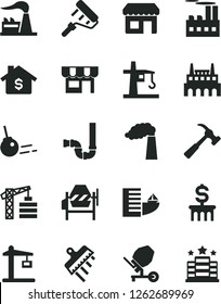 Solid Black Vector Icon Set - tower crane vector, concrete mixer, paint roller, siphon, spatula, hammer with claw, core, kiosk, manufacture, factory, industrial building, Construction, mortgage