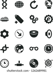 Solid Black Vector Icon Set - clock face vector, clockwise, loudspeaker, add label, cogwheel, star gear, CD, right bottom arrow, onion, kiwi, planet, gears, globe, wall watch, connect, glasses, dna