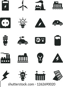 Solid Black Vector Icon Set - danger of electricity vector, lightning, bulb, charge level, charging battery, windmill, factory, hydroelectric station, hydroelectricity, power socket, energy saving