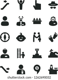 Solid Black Vector Icon Set - hat with glasses vector, funny hairdo, children's tracks, workman, index finger, court hearing, man, goal woman, scientist, winner podium, hands up, medal, ladder