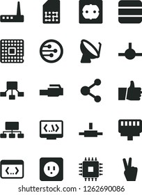 Solid Black Vector Icon Set - power socket type b vector, f, thumb up, processor, satellite dish, SIM, connection, scheme, hierarchical, cpu, router, network, connect, coding, lan connector