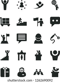 Solid Black Vector Icon Set - image of thought vector, cargo trolley, folded shirt, racer, gas welding, think, conversation, scientist, carrer stairway, winner, man hold world, hands up, with flag