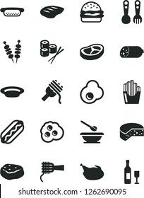 Solid Black Vector Icon Set - plates and spoons vector, plastic fork, sausage, cheese, fried vegetables on sticks, Hot Dog, mini, burger, spaghetti, noodles, plate, chicken, bacon, chop, sushi set