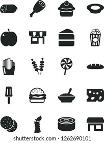 Solid Black Vector Icon Set - kiosk vector, sausage, piece of cheese, loaf, canned goods, fried vegetables on sticks, burger, muffin, cake, a bowl buckwheat porridge, plate milk, chicken thigh, stub