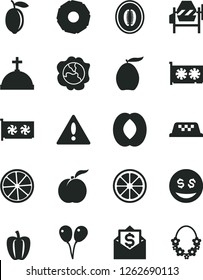 Solid Black Vector Icon Set - warning vector, colored air balloons, concrete mixer, ripe peach, squash, loquat, half, melon, lemon, juicy, slice of, pineapple, Bell pepper, gpu card, dollar eyes