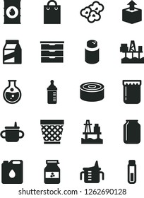 Solid Black Vector Icon Set - wicker pot vector, storage unit, mug for feeding, measuring cup, bottle, powder, package, unpacking, canned goods, popcorn, jam, jar of, sea port, commercial seaport
