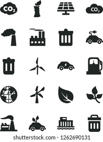 Solid Black Vector Icon Set - dust bin vector, apple stub, solar panel, leaves, leaf, gas station, windmill, wind energy, manufacture, factory, hydroelectric, industrial building, electric car, CO2