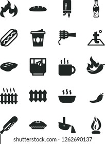 Solid Black Vector Icon Set - mercury thermometer vector, temperature, new radiator, electronic boiler, loaf, Hot Dog, noodles, pie, porridge, chop, cup of tea, coffe to go, a glass, bottle soda