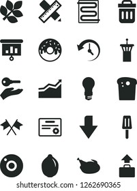 Solid Black Vector Icon Set - camera vector, downward direction, writing accessories, heating coil, Easter cake, glazed with a hole, chicken, popsicle, lime, light bulb, presentation, trash bin